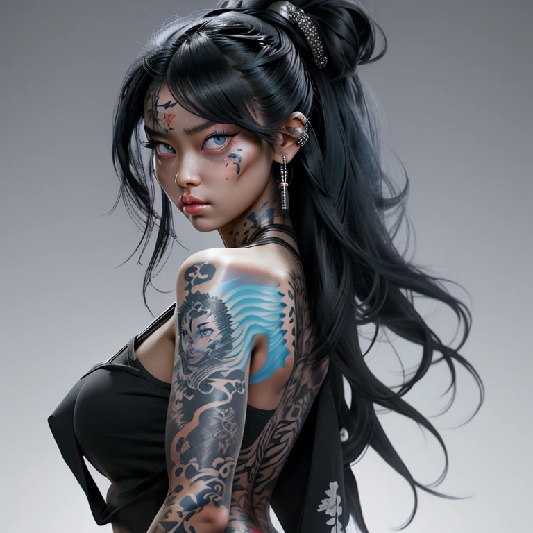 [[highly detailed face]], [[goddess face]], An Yakuza girl, showing all her tattoos, full body image, she is covered in tattoos, long black hair, high quality images, unreal engine, perfect skin texture, goddess face, big light blue eyes!!