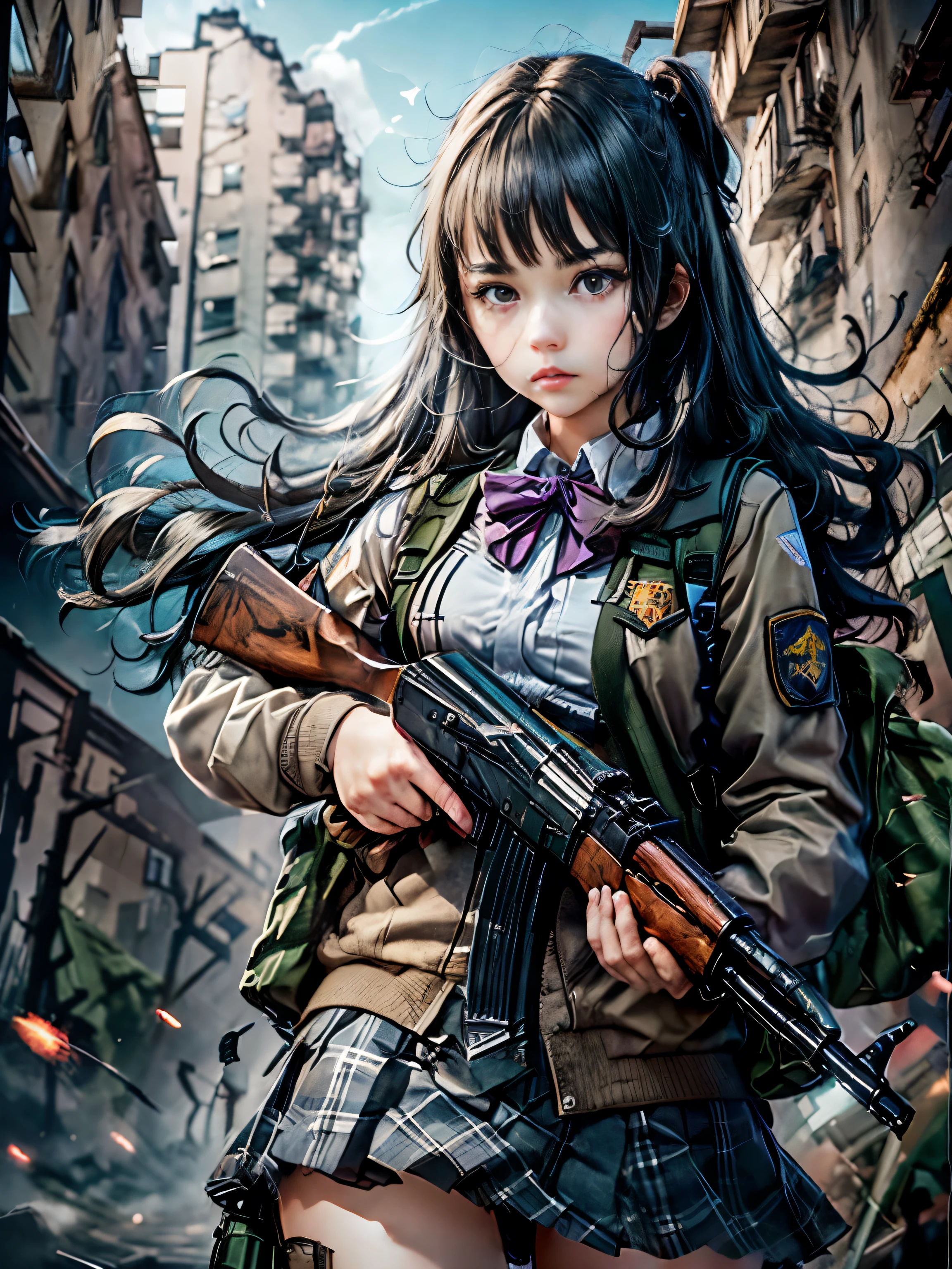 masterpiece, best quality, high resolution, extremely detailed CG, 1girl, school uniform, holding ak-47, akm, kalashnikov_rifle, assault_rifle, holding_gun, (aiming:1.2), finger on trigger, (well crafted fingers:1.3), ((destroyed city background))