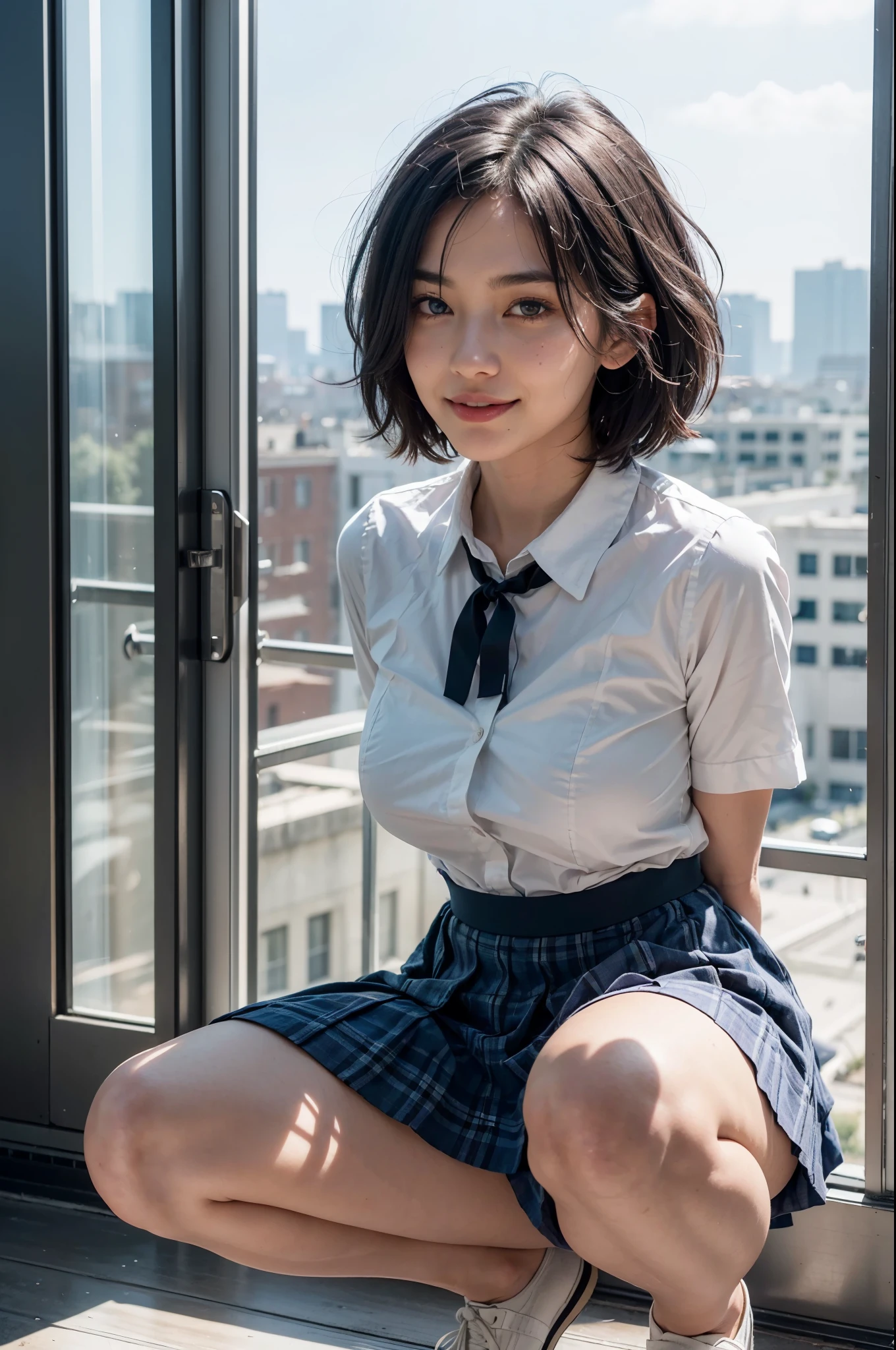 (masterpiece:1.2, top-quality), (realistic, photorealistic:1.4), beautiful illustration, (natural side lighting, movie lighting), nsfw, 
looking at viewer, panty shot, front view:0.6, 1 girl, japanese, high school girl, perfect face, cute and symmetrical face, shiny skin, 
(short hair:1.2, shaggy cut:1.2, dark blue hair), hair between eyes, purple eyes, drooping eyes, long eye lasher, (large breasts:0.6), 
beautiful hair, beautiful face, beautiful detailed eyes, beautiful clavicle, beautiful body, beautiful chest, beautiful thighs, beautiful legs, 
((symmetrical clothing, white collared shirts, light grey pleated skirt, red neck ribbon)), black socks, 
(beautiful scenery), morning, school rooftop, squatting, (lovely smile, upper eyes), 