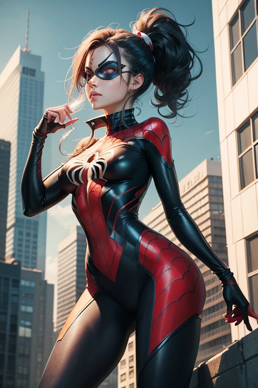 Beautiful woman detailed defined bodysuit, black golden thong, using spider man cosplay, small breasts