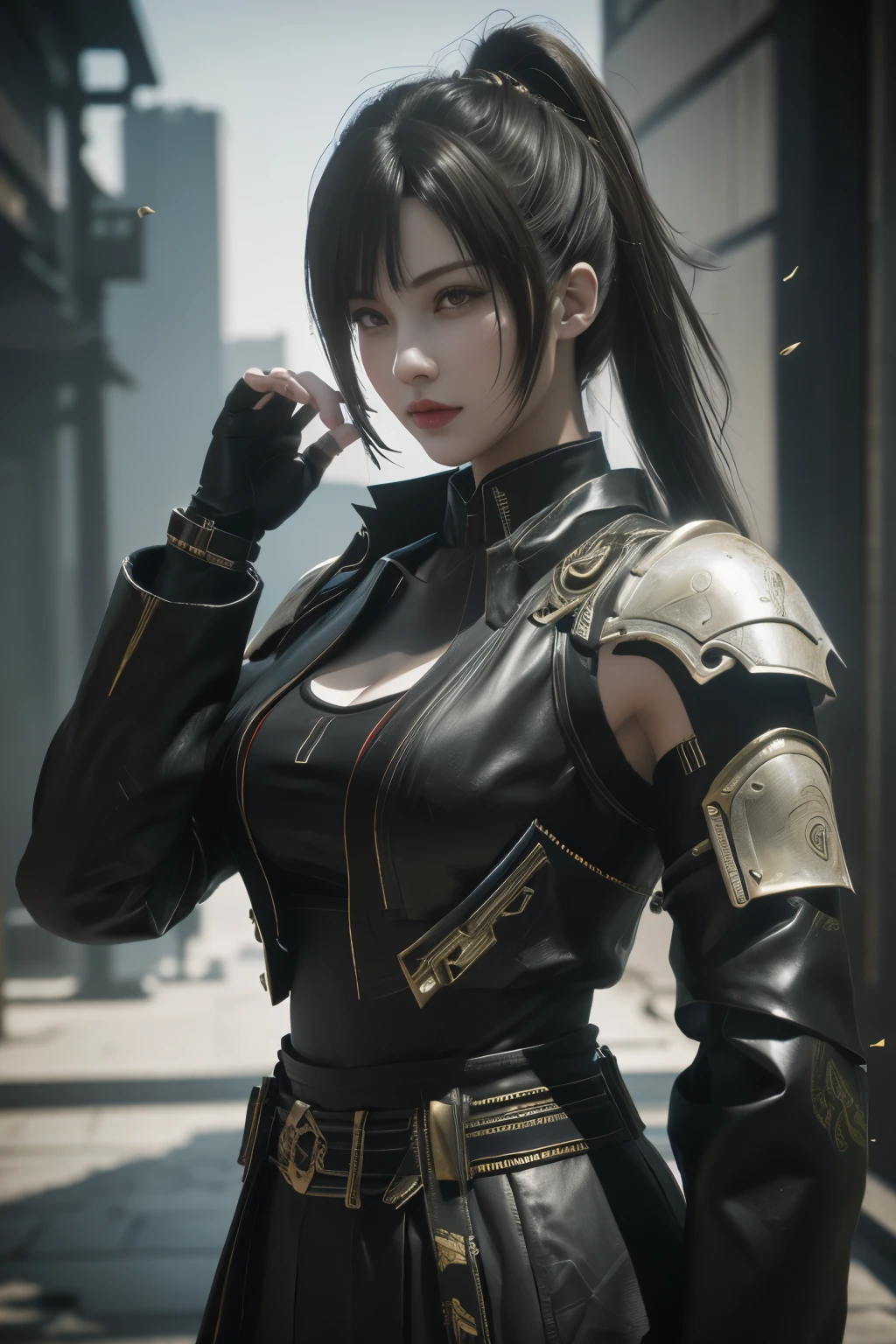 Game art，The best picture quality，Highest resolution，8K，(A bust photograph)，(Portrait)，(Head close-up)，(Rule of thirds)，Unreal Engine 5 rendering works， (The Girl of the Future)，(Female Warrior)， 22岁少女，(Female hackers)，(White，Ancient Oriental hairstyle)，((The pupils of the red eyes:1.3))，(A beautiful eye full of detail)，(Big breasts)，(Eye shadow)，优雅迷人，冷漠，((Anger))，(Cyberpunk jacket full of futuristic look，Joint Armor，There are exquisite Chinese patterns on the clothes，A flash of jewellery)，赛博朋克人物，未来风格， 拍照姿势，城市背景，Movie lights，Ray tracing，Game CG，((3D Unreal Engine))，oc渲染反射纹