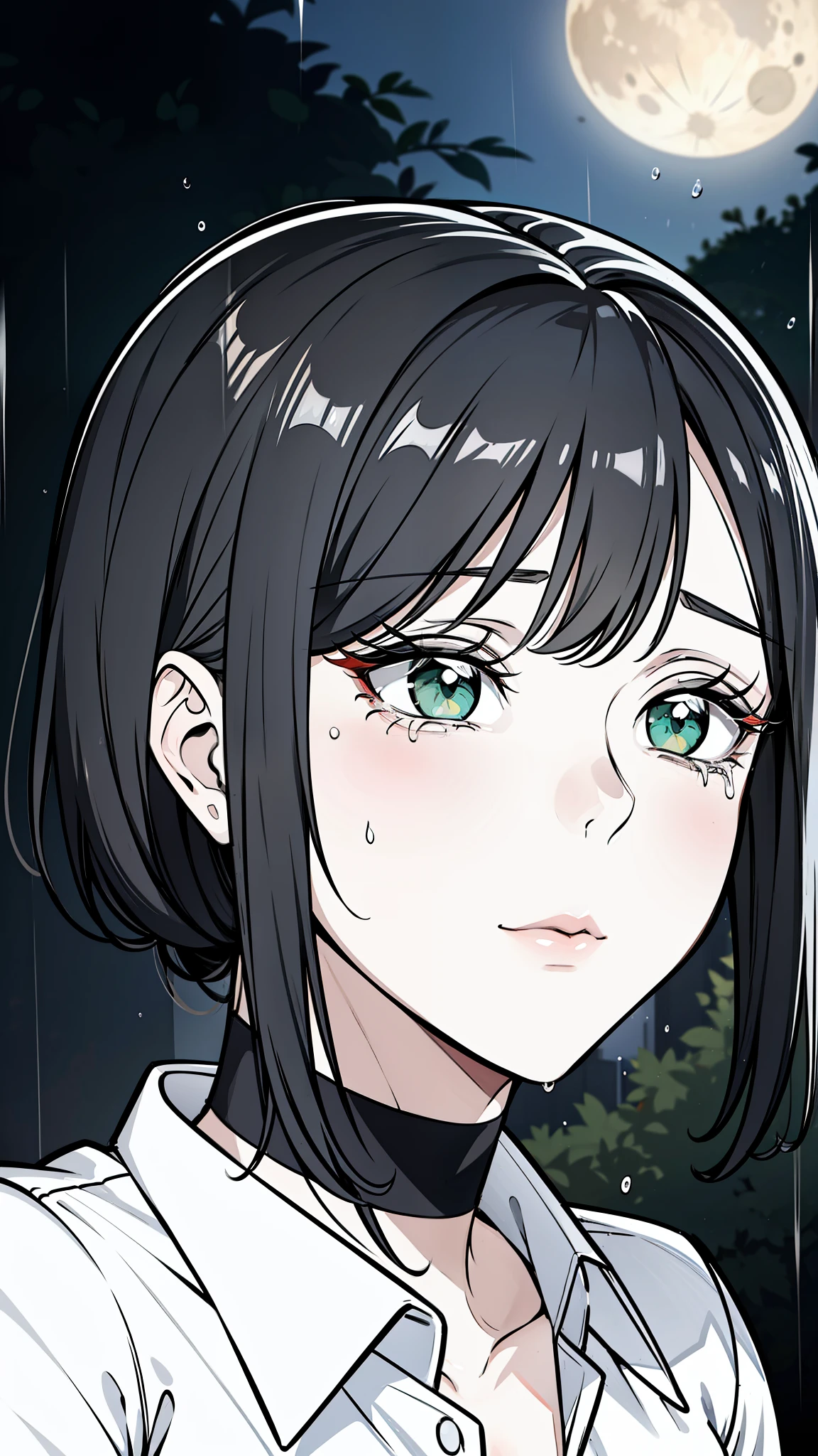 {8k image}, beautiful mature woman (MILF), 35 years old, green eyes, big black hair with bangs, wearing a wet white shirt, looking at the spectator crying, red cheek and black eye, bite mark on the neck, blood coming from the nose, focus only on the face, face centered forward, {face portrait}, full moon raining in the background