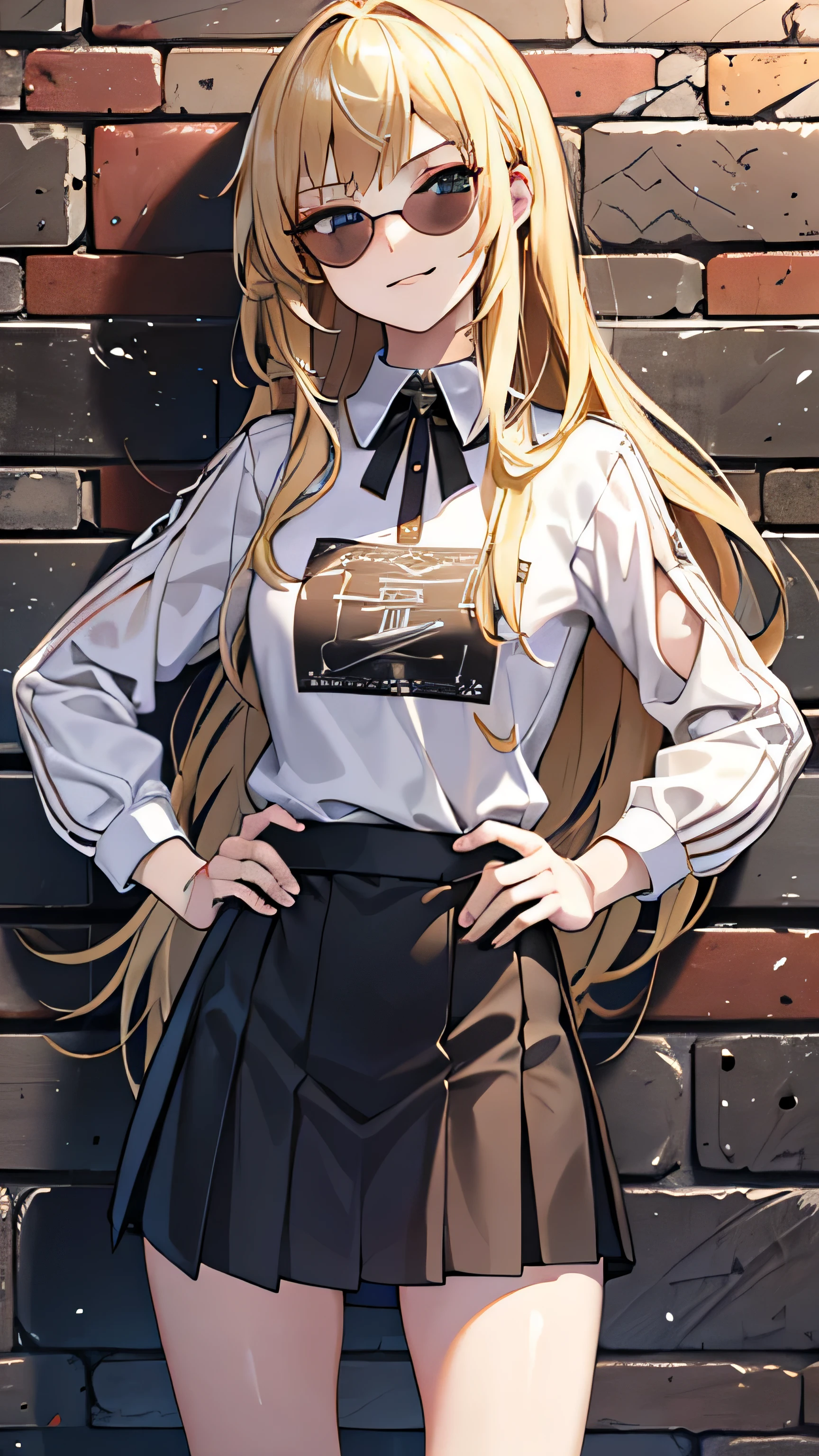 1.5, best quality, high quality, High definition, High quality texture, high detail, beautiful detailed, finely detailed, extremely detailed cg, detailed texture, 1girl, woman, female, ((modern trendy)), blonde hair, long hair, smirking, posing, hand on hip, skirt, lowered sunglasses, smug