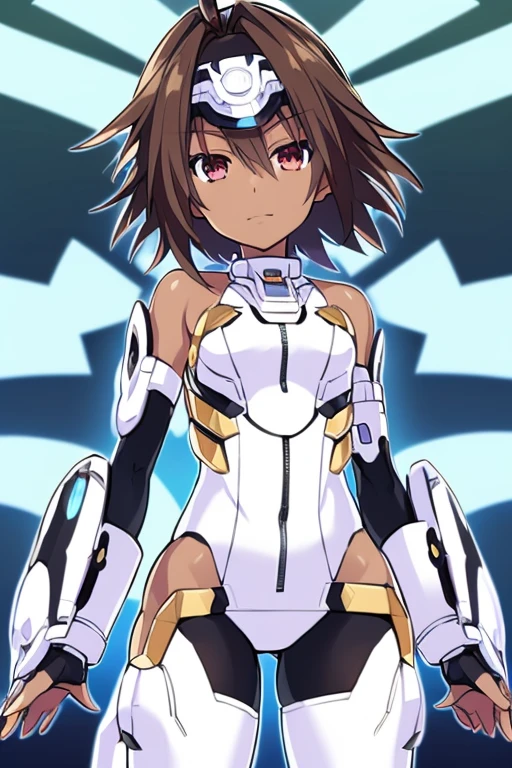 Masterpiece, highly detailed, ultra quality, ultra high .res, amazing quality, superior quality, glowing, date a live, xenosaga, Hyperdimension Neptunia white heart, no game no life, flat chested, (male), (9  boy), otokonoko, (((Dark skin))), cute, big innocent ruby red eye's, (dark brown hair), (white Mechanical exoskeleton), ((mecha_musume)),short hair,(((white elbow gloves))),((black bodysuit)),(floating_armor),Mechanical headgear,, white mecha thigh armoured attachment, black pants leggings, zoom in, close up, pose, adorable smile, adorable, visor,