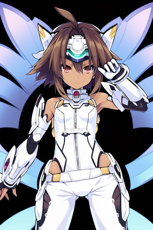 Masterpiece, highly detailed, ultra quality, ultra high .res, amazing quality, superior quality, glowing, date a live, xenosaga, Hyperdimension Neptunia white heart, no game no life, flat chested, (male), (9 year old boy), otokonoko, (((Dark skin))), cute, big innocent ruby red eye's, (dark brown hair), (white Mechanical exoskeleton), ((mecha_musume)),short hair,(((white elbow gloves))),((black bodysuit)),(floating_armor),Mechanical headgear,, white mecha thigh armoured attachment, black pants leggings, zoom in, close up, pose, adorable smile, adorable, visor,