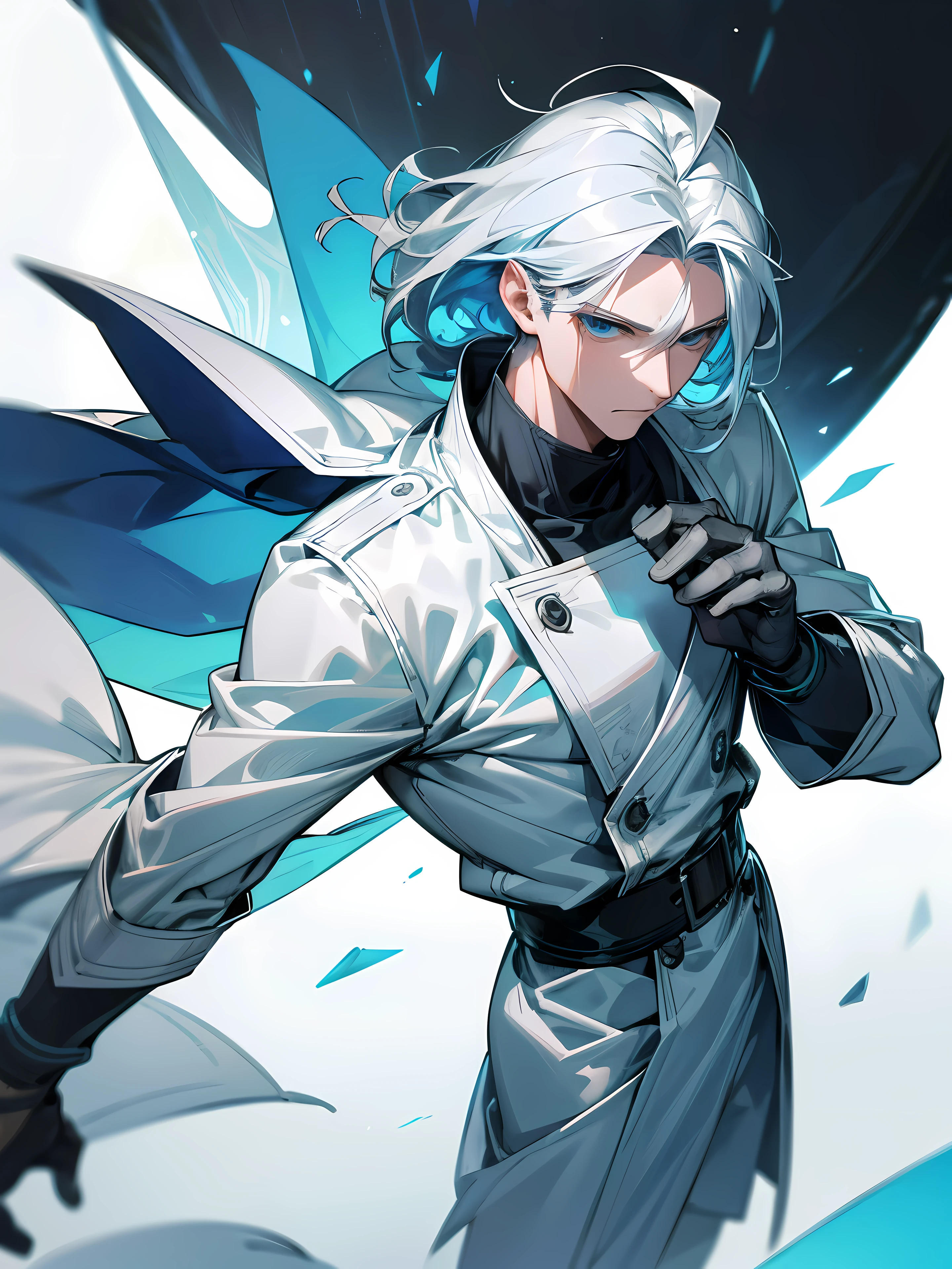 Gerar a imagem de um homem alto e maduro com cabelos grisalhos em tons gelados, olhos azuis intensos e vibrantes, medium straight hair, vestindo uma roupa branca estilizada para o frio. The style of the image should be manga, with 4k resolution and ultra-realistic details, focusing on a single character.