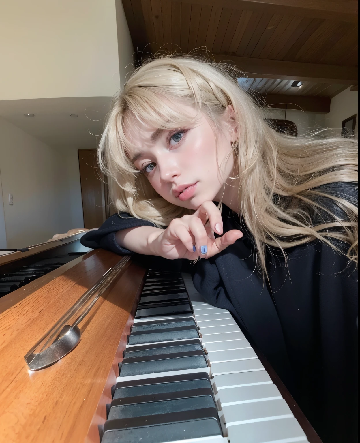 mujer rubia apoyada en un piano con la mano en el teclado, retrato de kim petras, parece una mezcla de mugre, art album, Imogen Poots, billie eilish, tocar el piano, De pie encima de un piano, parecido a una mezcla de mugre, pianista, karolina cummings, Imogen Poots d&paladin