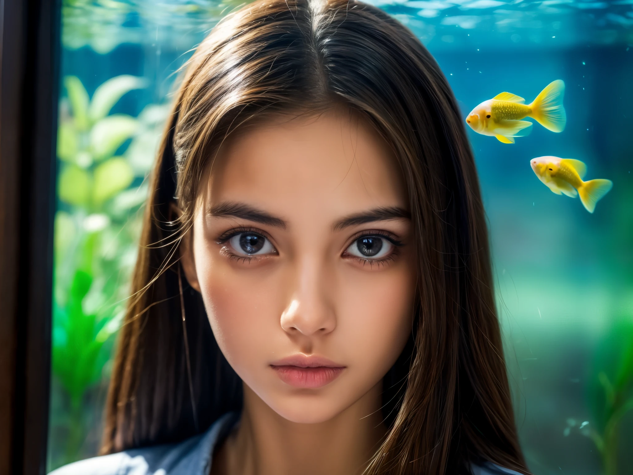 a girl with beautiful detailed eyes, beautiful detailed lips, and an extremely detailed face, waiting for her boyfriend's arrival on their first date, at the entrance of an aquarium, concerned about the time and looking at the clock, with an anxious expression (best quality, 4K), medium: oil painting, ultra-detailed, realistic, vivid colors, soft and warm color tones, soft studio lighting