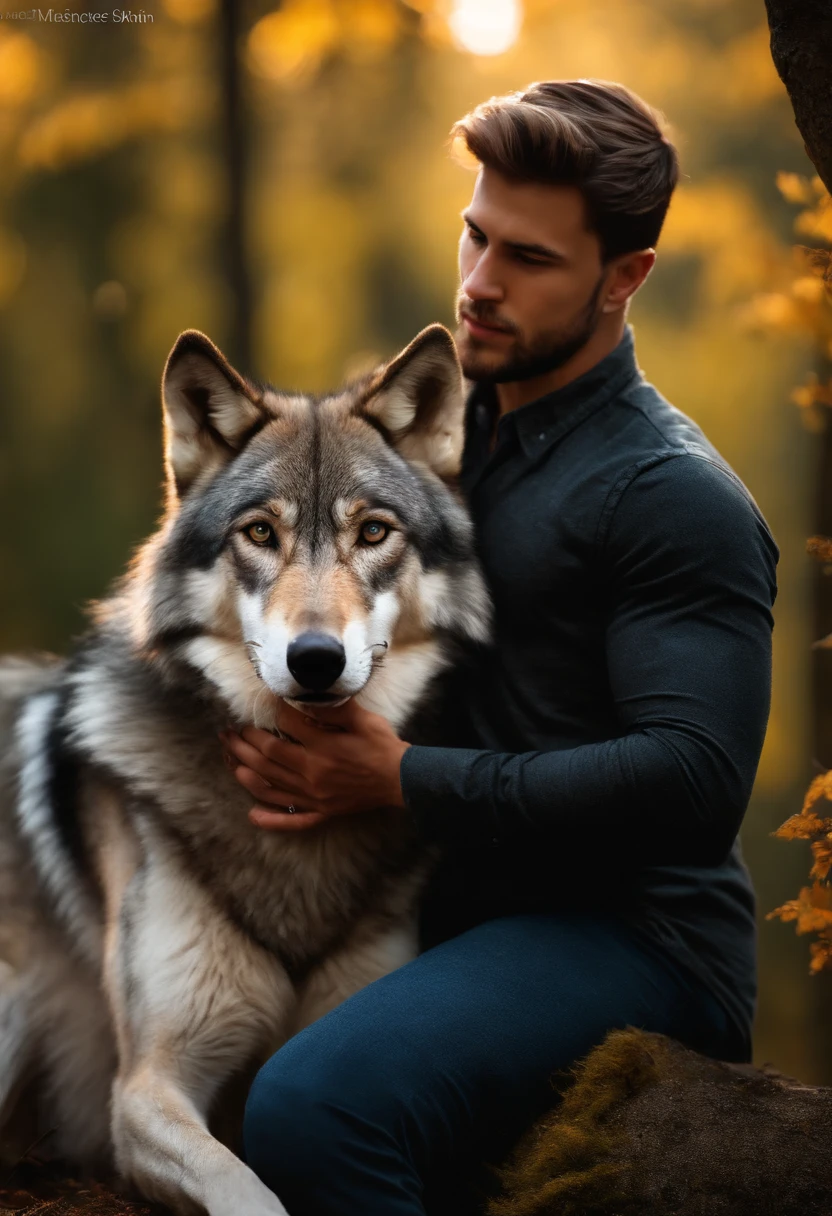 A huge wild gray wolf protecting a handsome 24 years young man.(masterpiece: 1.5) (photorealistic: 1.1) (bokeh) (best quality) (detailed skin texture pores hair: 1.1) (intricate) (8k) (HDR) (wallpaper) (cinematic lighting) (sharp focus )
