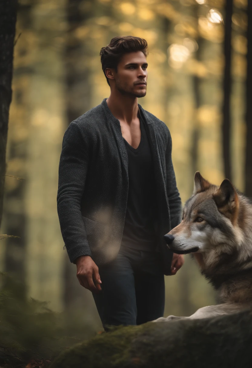 A huge wild gray wolf protecting a handsome 24 years young man.(masterpiece: 1.5) (photorealistic: 1.1) (bokeh) (best quality) (detailed skin texture pores hair: 1.1) (intricate) (8k) (HDR) (wallpaper) (cinematic lighting) (sharp focus )