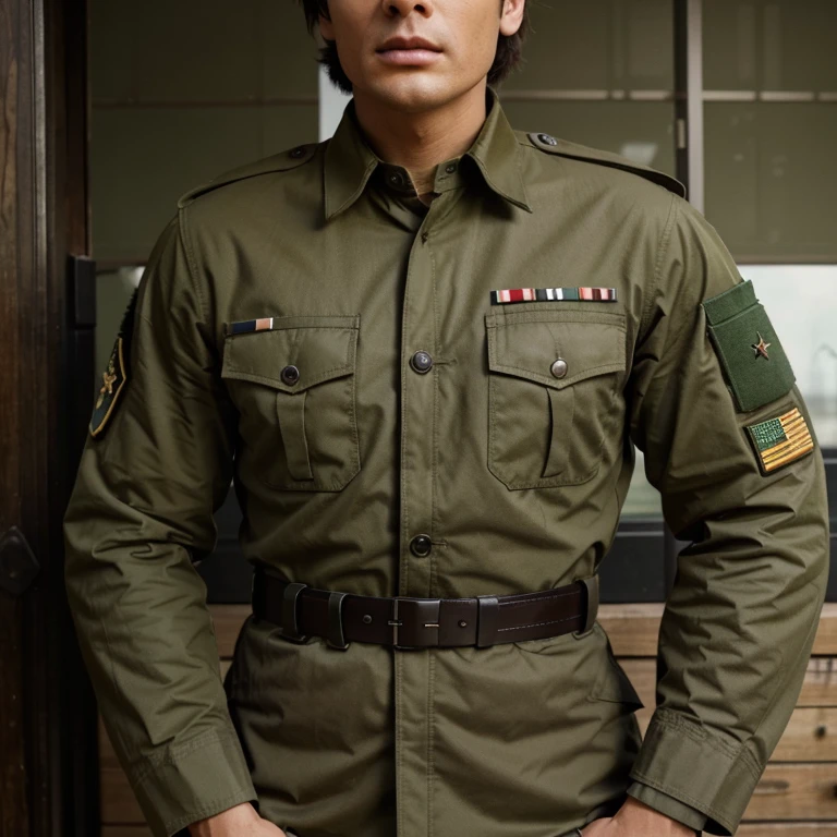 Please create an original military army uniform stylized as an world war II uniform in color Khaki and green