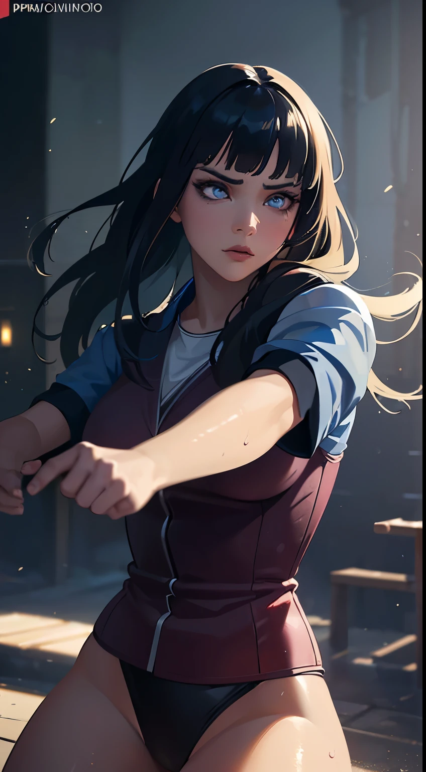 (best quality,4k,highres,masterpiece:1.2), (ultra-detailed), (realistic,photorealistic,photo-realistic:1.37), (HDR,UHD), (portrait), (vivid colors), (long legs), (clearly elongated face), (beautiful detailed eyes), (beautiful detailed lips), (extremely detailed eyes and face), (long eyelashes), (sharp focus), (physically-based rendering), (black long hair, flowing in the wind), (torn clothing), (powerful kick in mid-air, mid-air kick), (intense), (dojo background, background), (Chunin exams setting), (dynamic pose), (fierce expression), (motion blur), (stylish), (slender figure), (anime inspired), (glowing lights), (dramatic), (contrasting colors), (mysterious ambiance), (action-packed scene), (unique style), (eye-catching), (dashing), (evocative), (expressive), (intriguing atmosphere), (wet minidres)