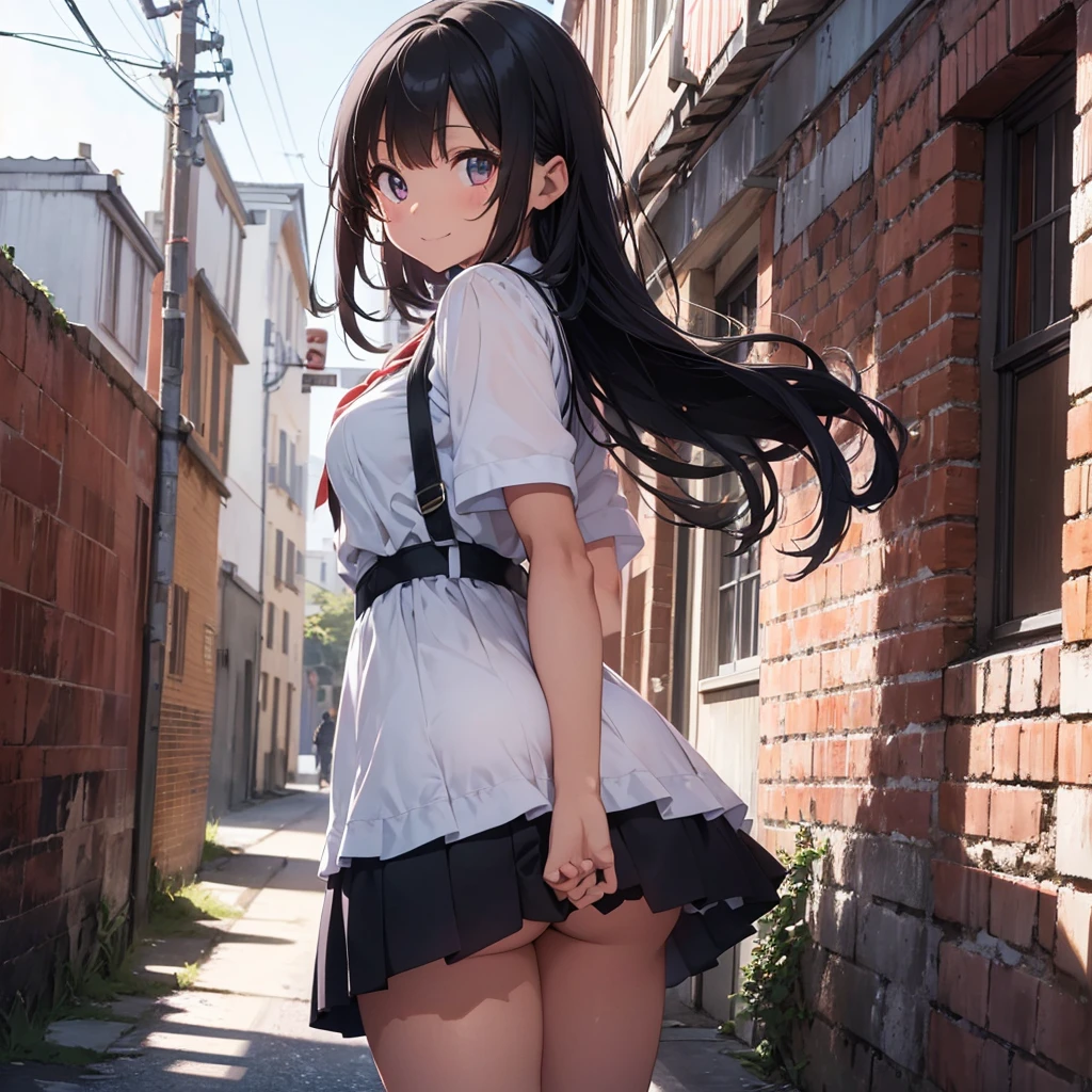 very cute and beautiful school girl,(very detailed beautiful face and eyes:1.2),
Smile,Black hair,(Mini skirt),(Cowboy Shot),(From below),Looking back,from behind,Leaning forward,Beautiful legs,White panties,
Back alley,building brick wall,Dynamic Angle,
(Best Quality,masutepiece:1.2),Intricate details,hight resolution,1 girl,Solo,Cinematic lighting,