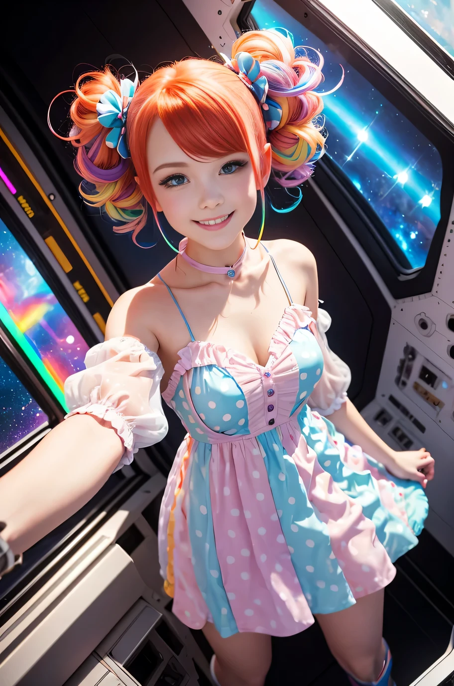 (overhead view) Cute redhead with rainbow colored hair tips, ribbons in her hair, 18-year-old woman, happy, smiling, in twin tails, perfect eyes, clear sparkling blue eyes, pale skin, silky smooth skin, flying a fancy metal luxurious space ship, futuristic cockpit, she's a pilot, outer space seen in windows, dark warm lighting, wearing a futuristic party dress, pleated (chemise) mini dress (pastel rainbow colors, and polka dots), puffy sleeves, silk, pantyhose, cute short cut booties, boots.