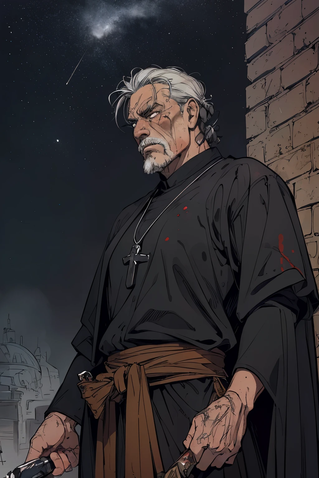 masterpiece:1.2, best quality, ultra detailed, absurdres, 1man,male_focused, masculine, rugged (old male) ,blood splatter, (action shot), badass priest, father, black_priest_clothing, robe, gray_hair, in the style of Kentaro Miura, handsome face,, fantasy, SCI-FI, night sky,