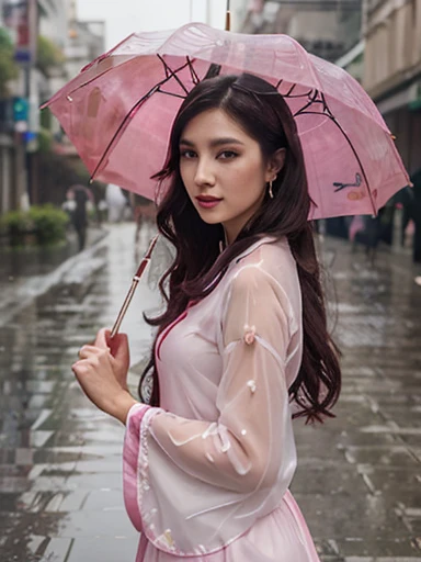 umbrella, oil-paper umbrella, holding umbrella, parasol, red umbrella, pink umbrella, shared umbrella, transparent umbrella, 1girl, earrings, solo, white umbrella, blue umbrella, jewelry, pink dress, rain, lips, holding, chinese clothes, black umbrella, standing, hanfu, dress, makeup, purple umbrella, long sleeves, pink skirt, pink kimono, long hair, transparent, cherry blossoms, wide sleeves, lipstick, blurry, looking at viewer