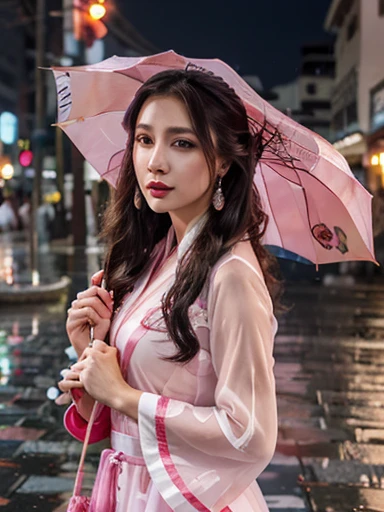 umbrella, oil-paper umbrella, holding umbrella, parasol, red umbrella, pink umbrella, shared umbrella, transparent umbrella, 1girl, earrings, solo, white umbrella, blue umbrella, jewelry, pink dress, rain, lips, holding, chinese clothes, black umbrella, standing, hanfu, dress, makeup, purple umbrella, long sleeves, pink skirt, pink kimono, long hair, transparent, cherry blossoms, wide sleeves, lipstick, blurry, looking at viewer