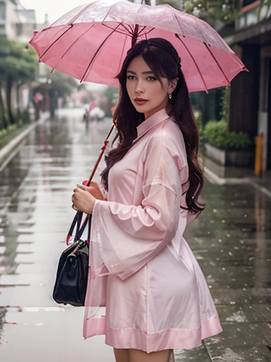 umbrella, oil-paper umbrella, holding umbrella, parasol, red umbrella, pink umbrella, shared umbrella, transparent umbrella, 1girl, earrings, solo, white umbrella, blue umbrella, jewelry, pink dress, rain, lips, holding, chinese clothes, black umbrella, standing, hanfu, dress, makeup, purple umbrella, long sleeves, pink skirt, pink kimono, long hair, transparent, cherry blossoms, wide sleeves, lipstick, blurry, looking at viewer