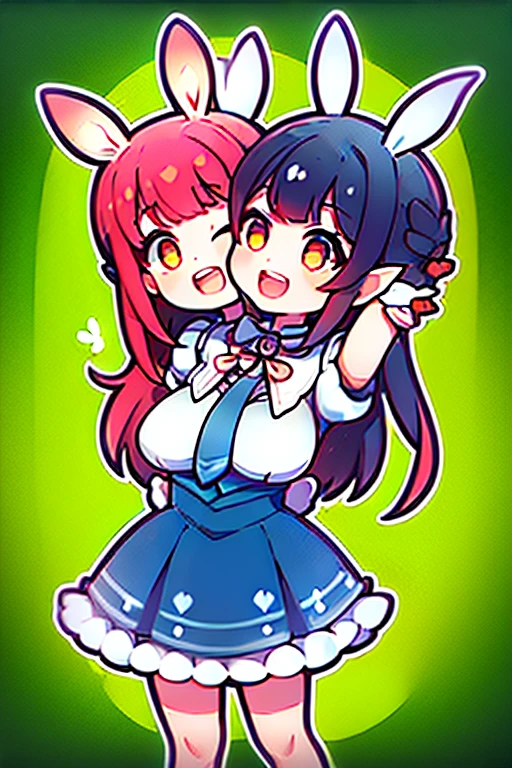 1girl of (2heads:1.6), a woman with (two heads:1.6), 2 arms, two legs, rabbit ears, skirt, forest background, smile, open mouth