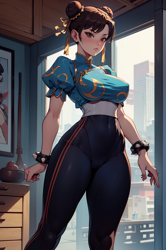 sfchunli, chunli, chinese clothes, bracelets, leggings, twin hair buns, mature woman, standing, cowboy shot, ((solo)),