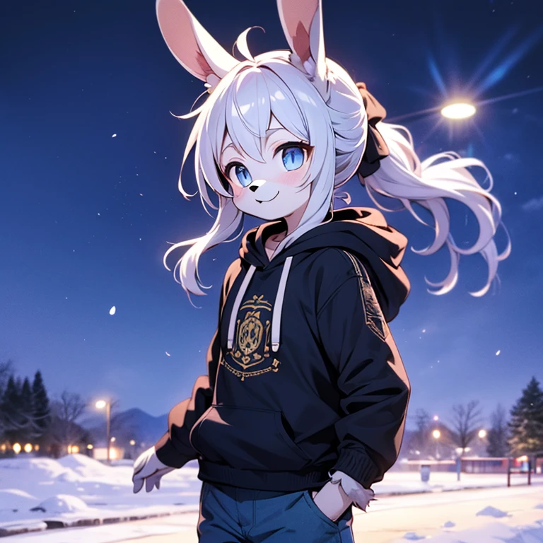 (masterpiece, highest quality), intricate details, 8K, Bunny ears, whole body, boy, blue eyes, cool, Normal body type, night, ponytail, anime, tall, gray hair, snowfield, 10th generation, the wind is blowing to the right, Mofumofuno, Hair is fluttering, black hoodie and blue pants, smile, white furry, 1 person, in the middle, It's sharp