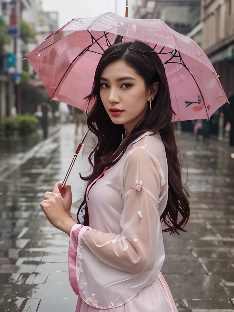 umbrella, oil-paper umbrella, holding umbrella, parasol, red umbrella, pink umbrella, shared umbrella, transparent umbrella, 1girl, earrings, solo, white umbrella, blue umbrella, jewelry, pink dress, rain, lips, holding, chinese clothes, black umbrella, standing, hanfu, dress, makeup, purple umbrella, long sleeves, pink skirt, pink kimono, long hair, transparent, cherry blossoms, wide sleeves, lipstick, blurry, looking at viewer
