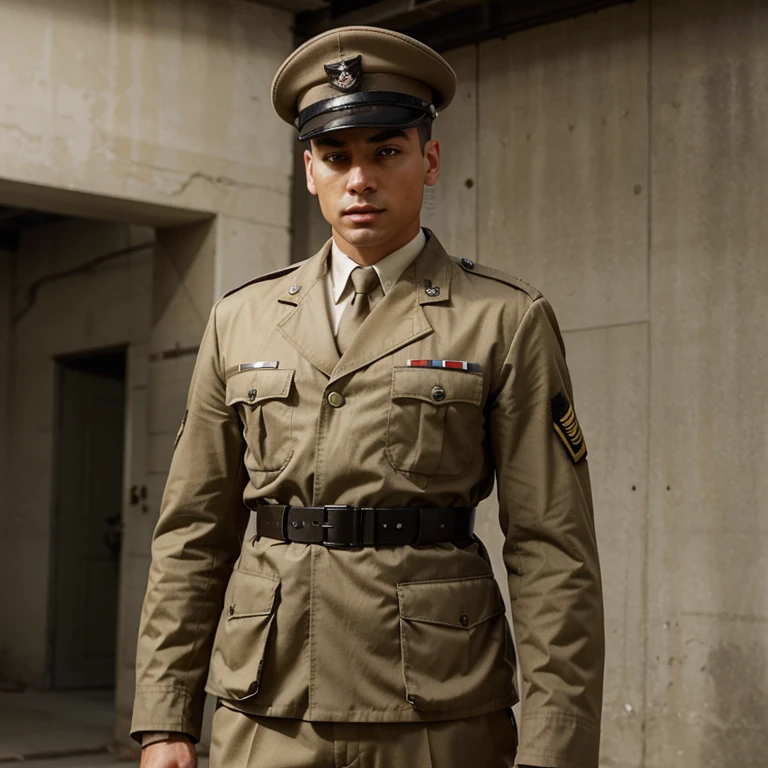 Please create an original military army uniform stylized as an world war II uniform in beige color