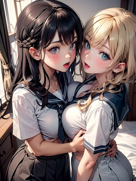 super fine illustration,masterpiece,best quality,ultra detailed,2girls,yuri,look at each other,eye contact,(sheer sailor school uniform:1.4),short sleeves,(covered nipples:0.9),breasts press against breasts,large breasts,medium hair,blush,shy,（super beatiful detailed big eyes：1.3）,(beautiful gray eyes), (from above:1.5),(looking at camera :1.5),(open mouth,orgasm;1.2)