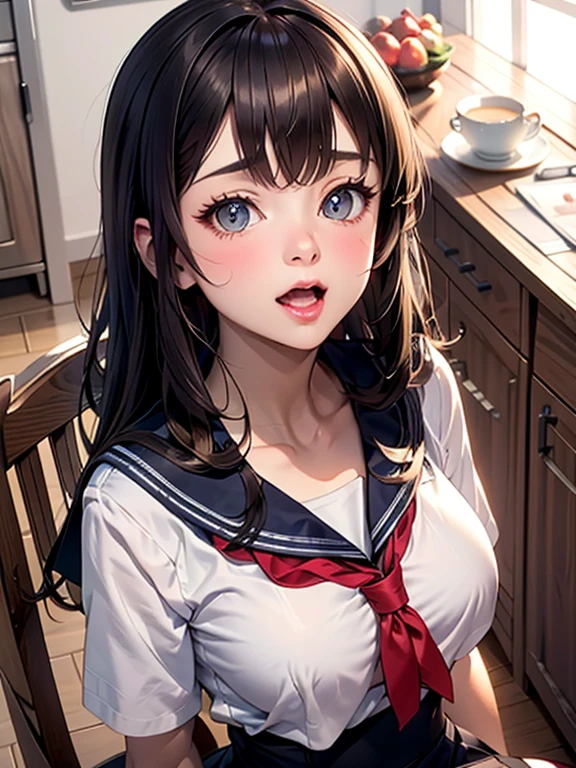 super fine illustration,masterpiece,best quality,ultra detailed,2girls,yuri,look at each other,eye contact,(sheer sailor school uniform:1.4),short sleeves,(covered nipples:0.9),breasts press against breasts,large breasts,medium hair,blush,shy,（super beatiful detailed big eyes：1.3）,(beautiful gray eyes), (from above:1.5),(looking at camera :1.5),(open mouth,orgasm;1.2)