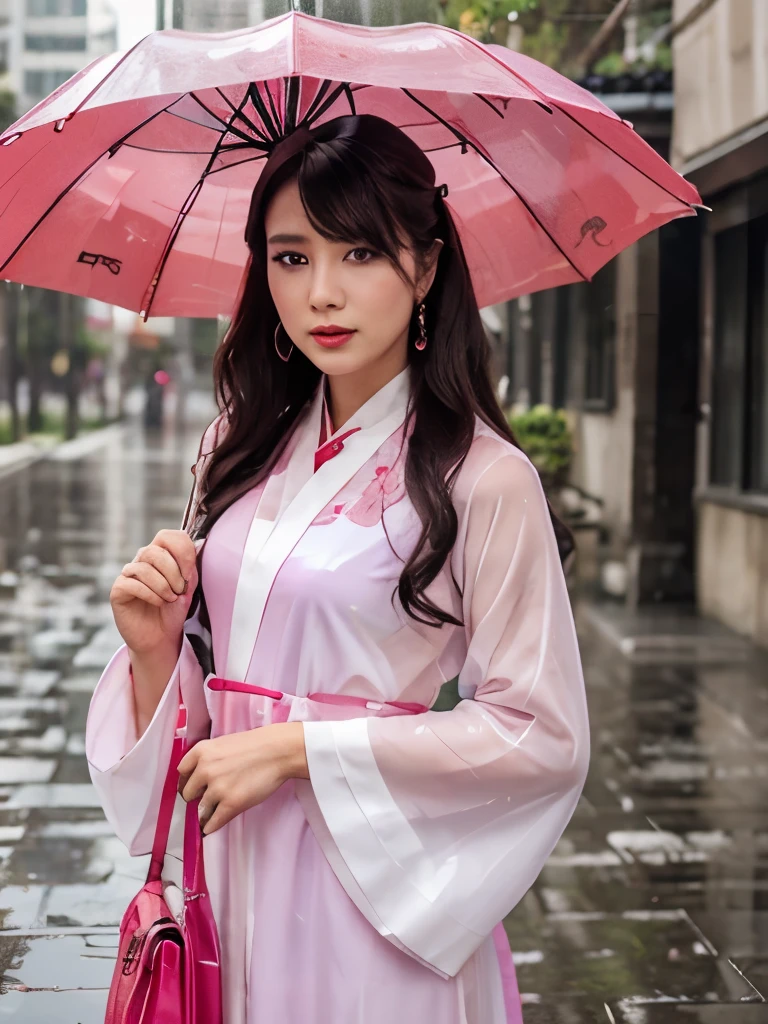 umbrella, oil-paper umbrella, holding umbrella, parasol, red umbrella, pink umbrella, shared umbrella, transparent umbrella, 1girl, earrings, solo, white umbrella, blue umbrella, jewelry, pink dress, rain, lips, holding, chinese clothes, black umbrella, standing, hanfu, dress, makeup, purple umbrella, long sleeves, pink skirt, pink kimono, long hair, transparent, cherry blossoms, wide sleeves, lipstick, blurry, looking at viewer
