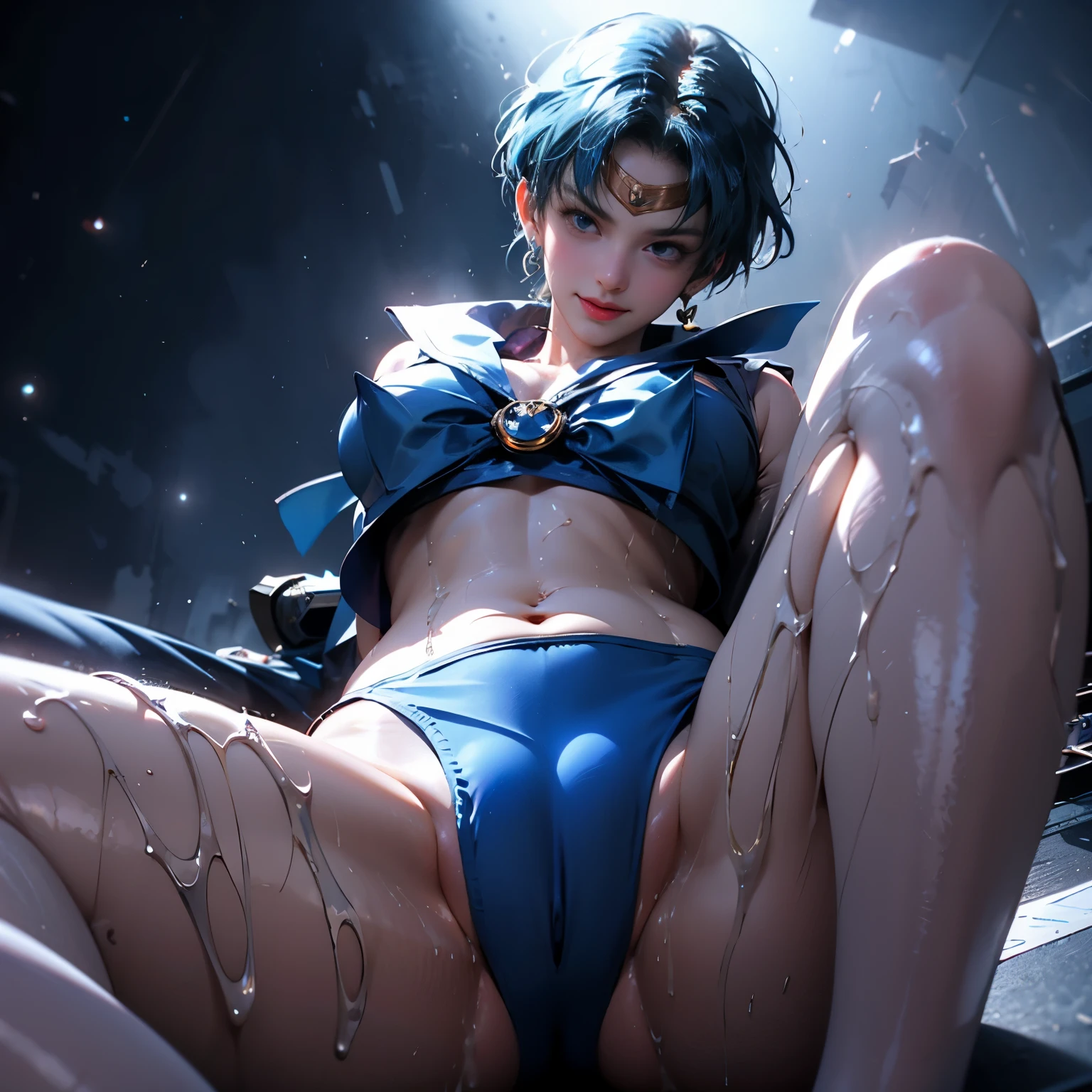 1 beauty girl,18yo,good anatomy, masterpiece, best quality,realistic, hyperrealistic, 16k hdr, meishaonv,gun Sailor mercury, blue Hair,bobcut, Sailor Moon Aesthetics,no sleeve,medium breasts, cleavage,erected nipples, (no panties,wet pussy), sexy pose, spreading legs, navel,(sweat:1.1),(happy smile:1.2),looking down,from below,(floating, mercury background:1.2),pussy focus