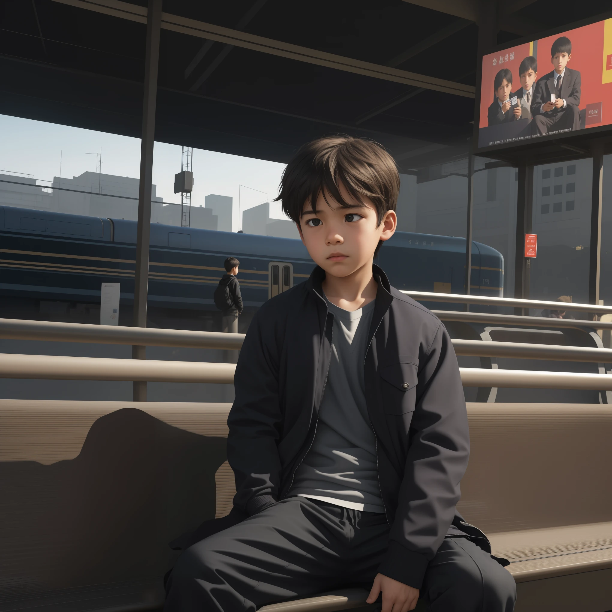 A boy sitting alone on a bench at the train station, holding a train ticket in his hand, his expression somewhat crestfallen. The background features a large clock, billboards, and train tracks. Behind him, people hustle and bustle, constantly coming and going. The boy wears simple clothing and a pensive expression, as if deep in thought. The artwork captures the essence of solitude and contemplation, showcasing the realism of everyday life and human emotions. The quality of the artwork is high definition and superior, emphasizing the details of the boy's expression and clothing.