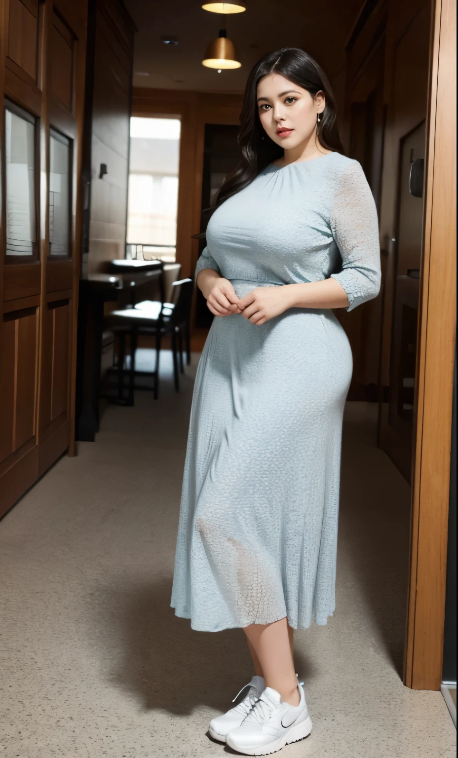 Chubby woman with fat belly and tight thighs, full body, 50-year-old mature woman, thick hips, thick neck, thick chest, big eyes, wearing a longest dress, wearing a sneakers, full body