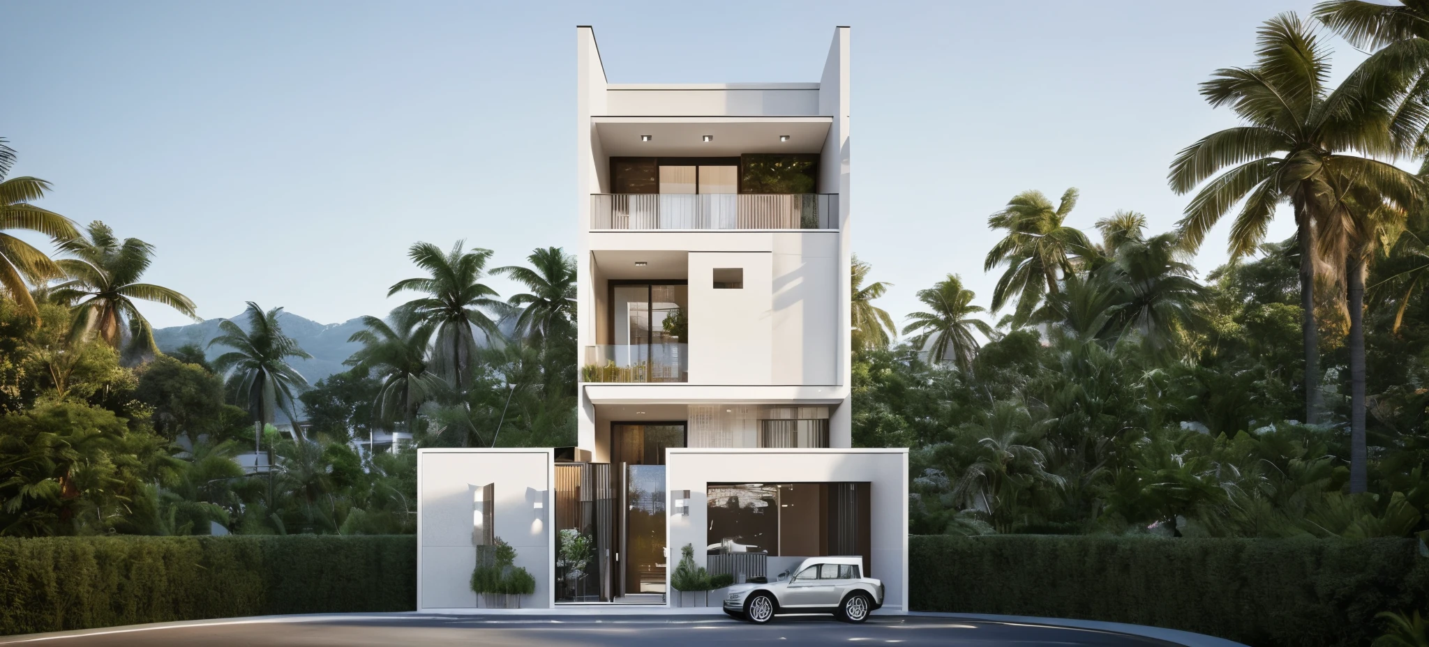 A (Photorealism:1.1) architect style indochine, car parked in front of a two story building, clean linework, frontview, inter dimensional villa, (white wall:1.1), White column and wall details, (detail roof tile:1.1), (window glass detail:1.1), (wall lamp) 3rd floor details, (Balcony fence details:1.1), exterior design, white detailed sketch, neo - classical style, architectural illustration, realistic architecture, architectural concept, residential design, (masterpiece),(high quality), best quality, real,(realistic), super detailed, (full detail),(4k),8k,architecture, RAW photo,Masterpiece, high quality, best quality, authentic, super detail, exterior, outdoor town house style, street, white wall, lobitum roof, refection glass windows, climbing plant on the bacony,(straight line architecture arch:1.2), trees, beautifuL sky, (day:1.1),vray, people walking on the sidewalk in front of a house, photo render, corporate photo, digitally enhanced, render, exterior shot, photorealistic, screengrab, (god ray:1.1), digitally painted, transparent, front-view, an illustration of, full - view, discovered photo, still capture, unreal engine 5, octane render, cinematic, front lighting, ultra-detail, ((realistic)) depth of field, photography, ((Super detailed)), FKAA, TXAA, RTX, SSAO, Post Processing, Post-Production, CGI, VFX, SFX, Full color, HDR, Realistic,8k,((Unreal Engine 5)), Cinematic intricate detail, extreme detail, science, hyper-detail, FKAA, super detail, super realistic, crazy detail, intricate detail, reflected light on glass, eye-catching wall lights, unreal engine 5, octane render, cinematic, 8K,Detailed, High-fidelity, Viwvid, Crisp, The sun shines on the project,  Sharp, soft lighting, Bright, Stunning low, ((Lifelike)), Natural, ((Eye-catching)), Illuminating, Flawless, High-quality,Sharp edge rendering