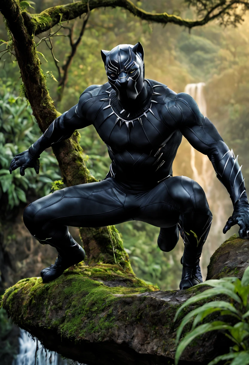 Black Panther from Marvel Universe, no mask, african american face, no hair, bald, manly, hunk body, full detailed Black Panther costume, crouching on a tree branch over a ledge, waterfall background, tree with green moss and vines, flock of birds flying in distance, back lighting, dramatic scenery, cinematic style