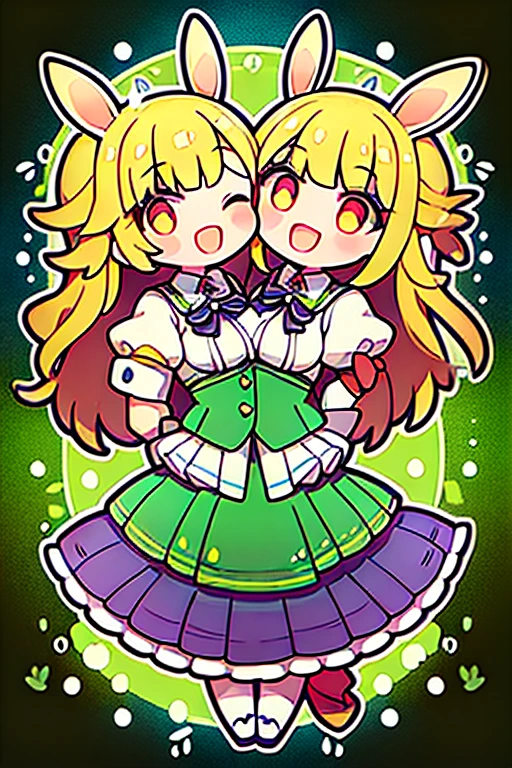 1girl of (2heads:1.2), a woman with (two heads:1.2), 2 arms, two legs, rabbit ears, skirt, forest background, smile, open mouth