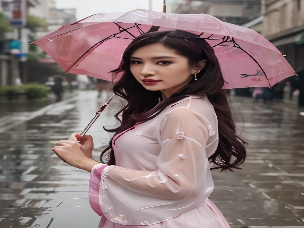 umbrella, oil-paper umbrella, holding umbrella, parasol, red umbrella, pink umbrella, shared umbrella, transparent umbrella, 1girl, earrings, solo, white umbrella, blue umbrella, jewelry, pink dress, rain, lips, holding, chinese clothes, black umbrella, standing, hanfu, dress, makeup, purple umbrella, long sleeves, pink skirt, pink kimono, long hair, transparent, cherry blossoms, wide sleeves, lipstick, blurry, looking at viewer