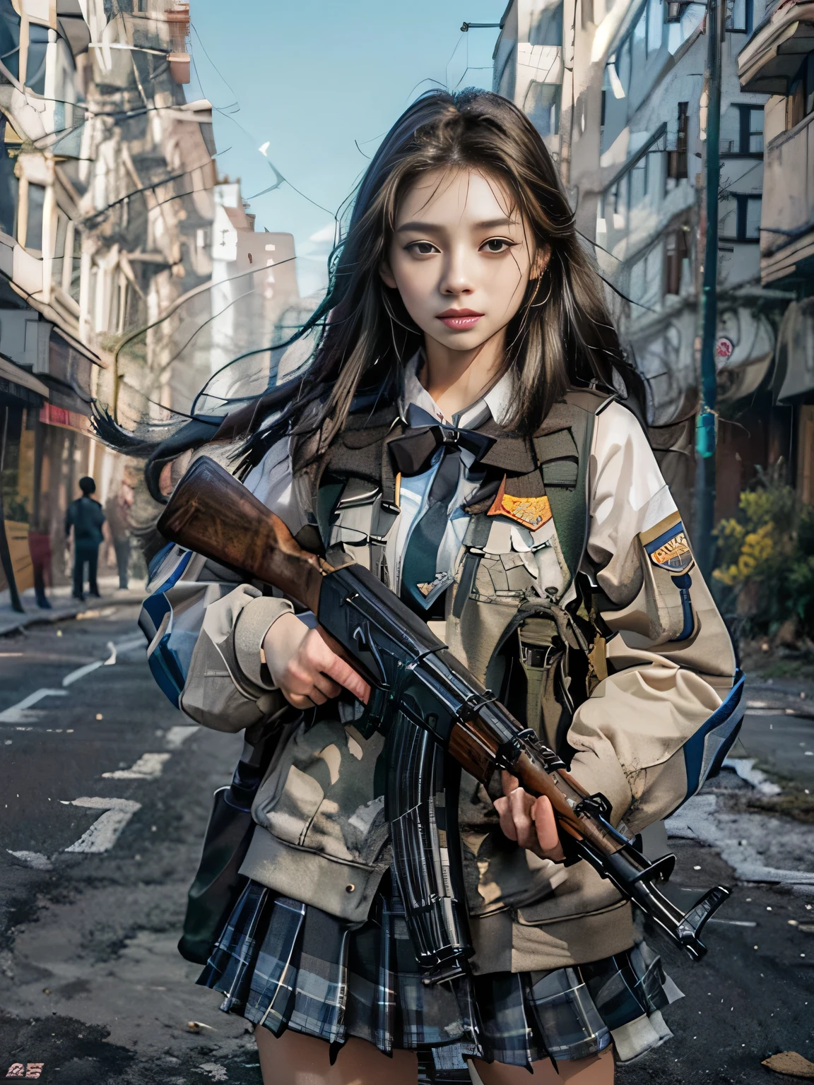 masterpiece, best quality, high resolution, extremely detailed CG, 1girl, school uniform, holding ak-47, akm, kalashnikov_rifle, assault_rifle, holding_gun, (aiming:1.2), finger on trigger, (well crafted fingers:1.3), ((destroyed city street background))