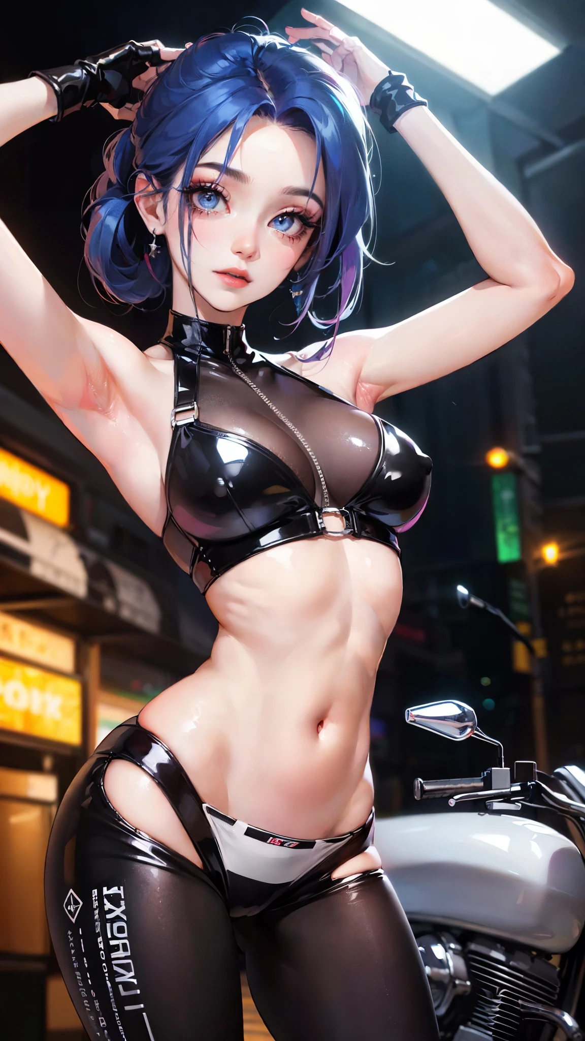 Jinx, Fleshy thighs, Instagram pose,Dynamic angle, Show armpits, ((Biker, Motorcycle, C cup)), Happy expression, (Entire body image:1.5), (8K, Best quality, A high resolution:1.35), (RAW photo:1.2), (Photorealistic:1.37), (Masterpiece: 1.25), Dramatic lighting, Photon maping, Symmetry, Complexity, Elegance, (1 girl), Large of breast, Long eyelashes, Detailed eyelashes, Eye shadows, Glowing eyes, ((Natural makeup, Clear facial features)), ((Curvy build, Showing stomach)), ((Fine detailed beautiful eyes: 1.2)), Bad girl, Erotic, ((Road background, Night))