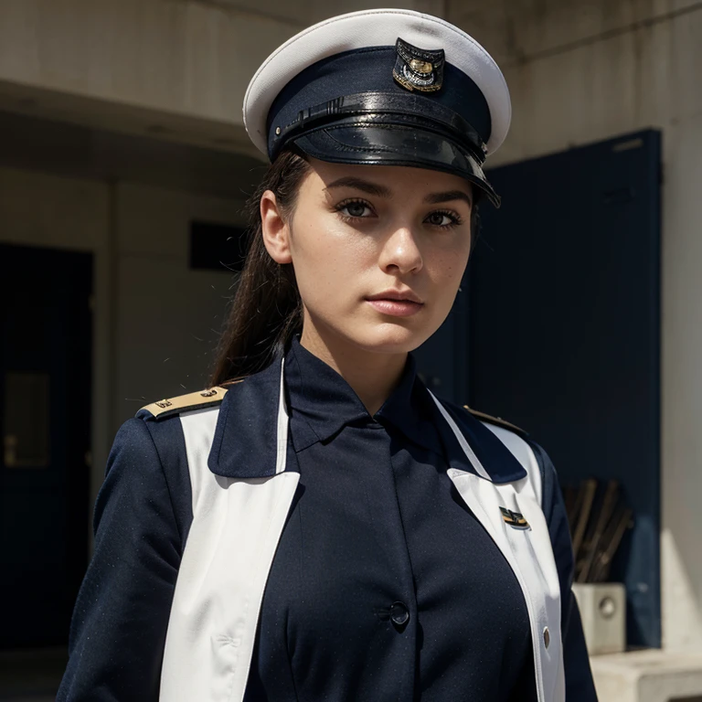 Please create an original military navy uniform stylized as an world war II uniform in off-white and dark blue