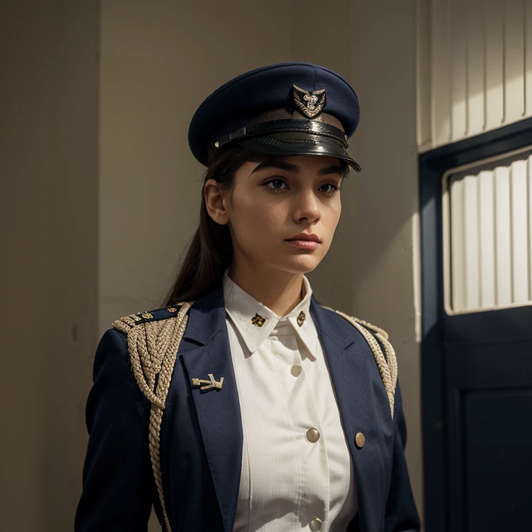 Please create an original military navy uniform stylized as an world war II uniform in off-white and dark blue