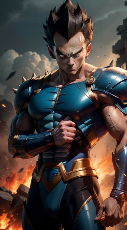 Vegeta,dragon ball anime,masterpiece,best quality,realistic,(real skin:1.5),real skin soft light,detailed eyes,structured face,confident expression,muscular body,bulging veins,hair standing on end,colorful spiky hair,fierce aura,black battle armor,wearing a scouter,posing with crossed arms,fiery energy surrounding him,surrounded by debris and smoke,fierce battle scene,explosions and energy blasts,crumbling landscape,dark and intense atmosphere,vivid colors,sharp focus,studio lighting,physically-based rendering,ultra-fine painting,bokeh