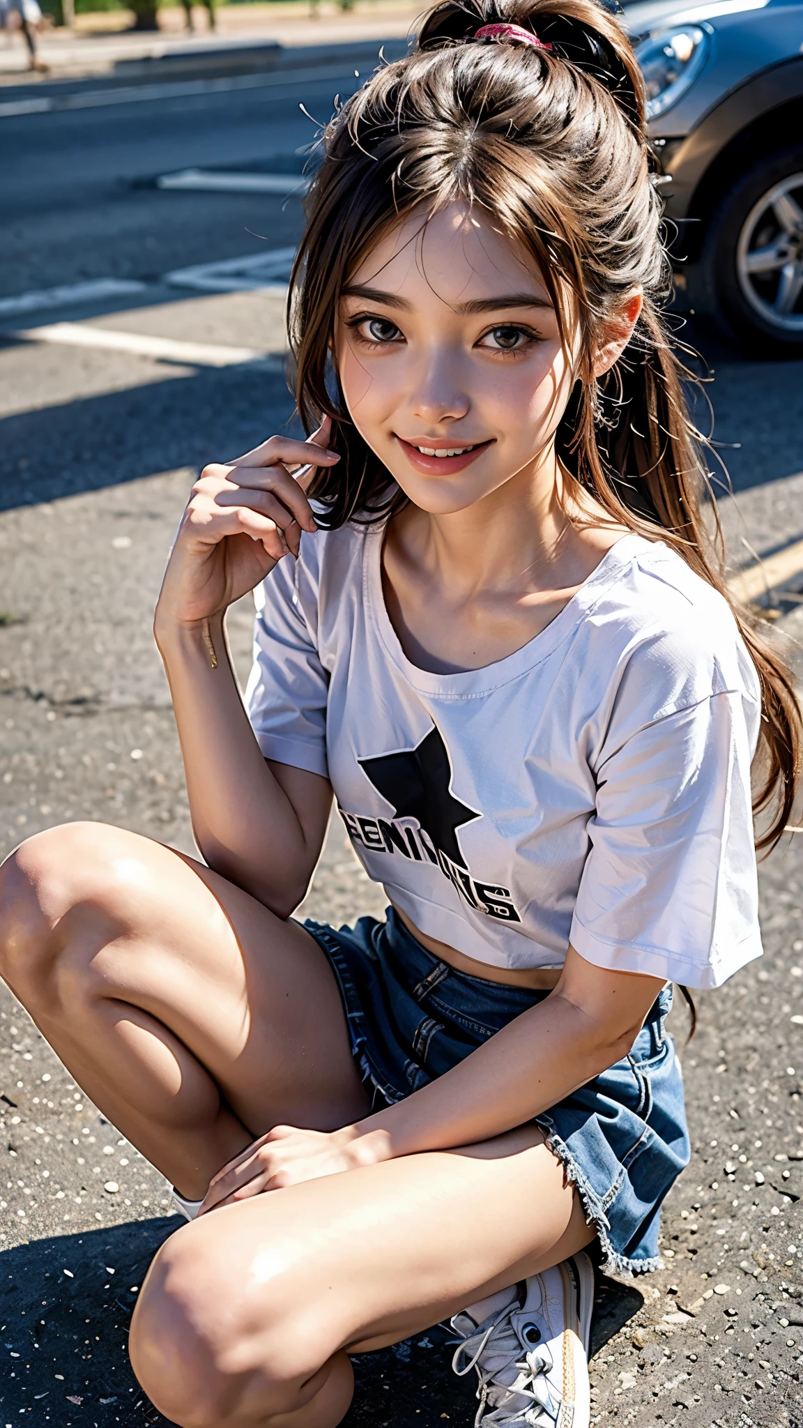 highest quality, masterpiece, ultra high resolution, (realistic:1.4), (Portrait of a man sitting on his knees) RAW photo, 1 girl, 22 years old,detailed face,detailed eyes,sparkling eyes,((Larger T-shirt)),((mini skirt)),((Converse High Cut Sneakers))((looking up at the viewer)),(blush),legs are closed,masterpiece, realistic pictures, saturation, contrast, ((small breasts)),((smile showing teeth)),long hair chignon,