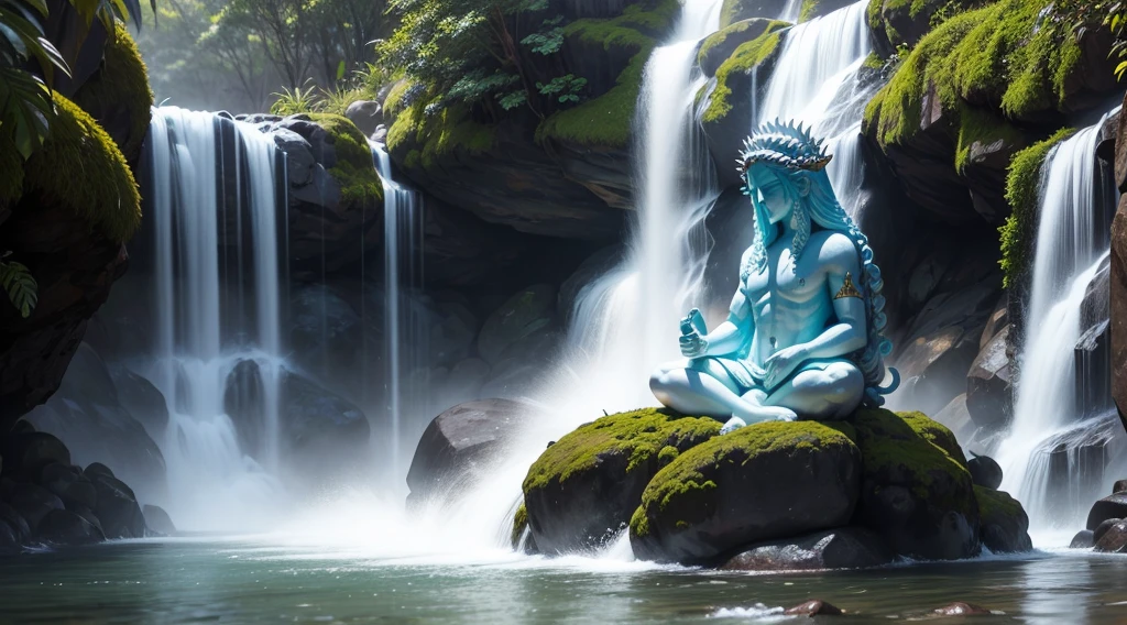Deus Shiva meditando em frente a uma cachoeira qualidade