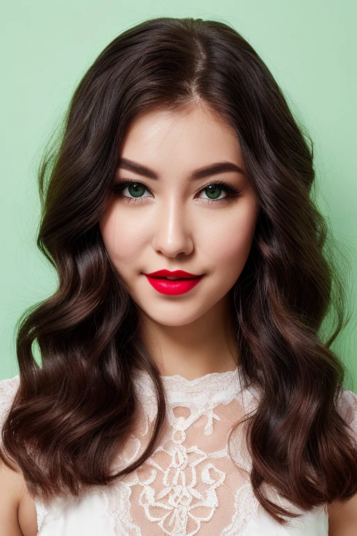 Woman with straight brown hair with very long hair down to her waist, light eyes, green eyes, around 22 years old, a mouth with thick lips painted with light pink lipstick and a small nose, asymmetrical oval face is wearing a short white lace dress