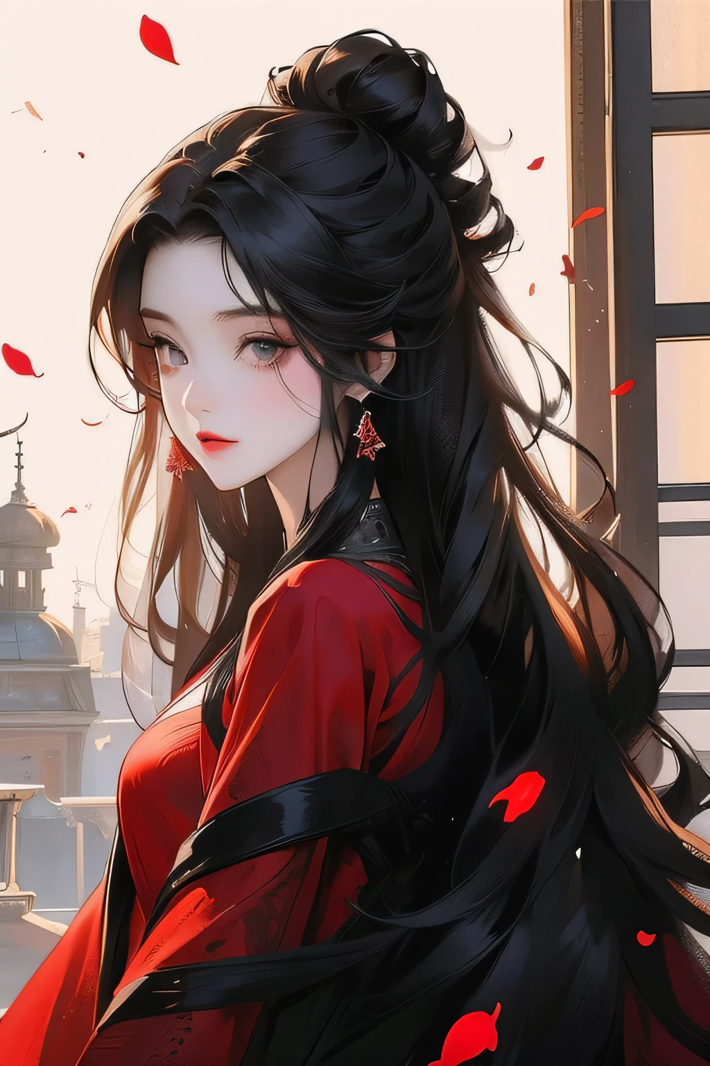 night moon ,eye shadows,_petals,black long hair, red clothes balck eges, solo,1girl,upper body, princess looking at view