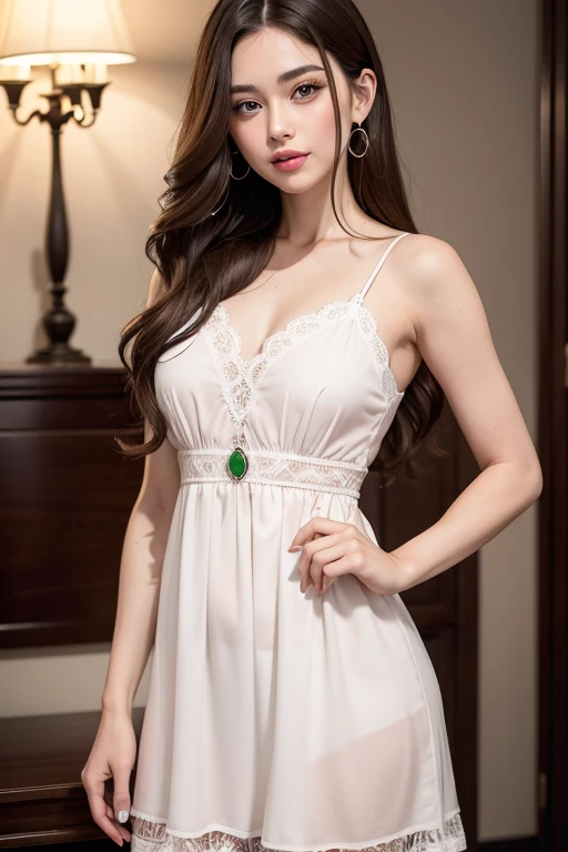 ulzzang -6500-v1.1, (Raw photo:1.2), ((full body shot_very long legs:(full body shot_very long legs:) (full body shot_very long legs:) (full body shot_very long legs:) (full body shot_very long legs:) 1.4)),((Super long brown hair:1.4))((loosely wavy hair:1.3))((gold necklace_big earrings:1.2)),((in a hotel bed:1.3)),((White sheer camisole dress:1.4)) (フォトreal), beautiful details, real: (1.4), ighly detailed eyes and face, beautiful detailsの目, standing in the office、超realなパンスト、high heels)、huge file size、High resolution、very detailed、highest quality、masterpiece:1.6]、illustratio、ighly detailed、nffsw、finely detailed、highest quality、8k wallpaper、cinematography lighting、1 milf、43 years old、perfect body shape、cute droopy eyes beautiful eyes、Pieckfinger、((masutepiece))、highest quality、1 milf、eye shadow、Portrait、((full body shot:1.4))、(((Wistful expression:1.2)))、