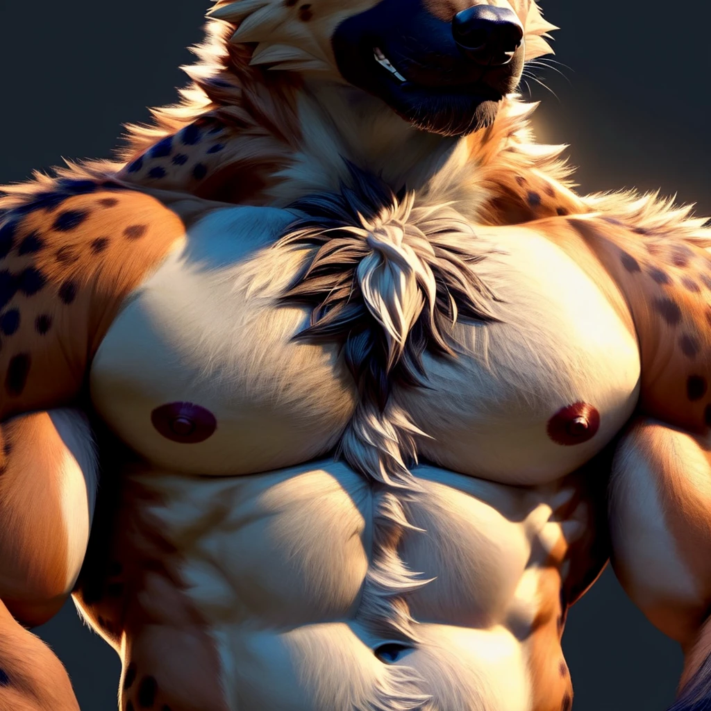 ((Hyena)), anthro, ((furred body)), ((dominant)), ((intimidating)), dilf, Daddy, father figure, mature male, pecs, ((torso focus)), ((very detailed lighting)), ((very detailed fur texture)), ((very detailed)), very high resolution, very high quality, ((close-up ((torso))), ((zoom ((torso))), ((very detailed torso)), ((nipples)), ((very close ((torso))), ((chest tuft))