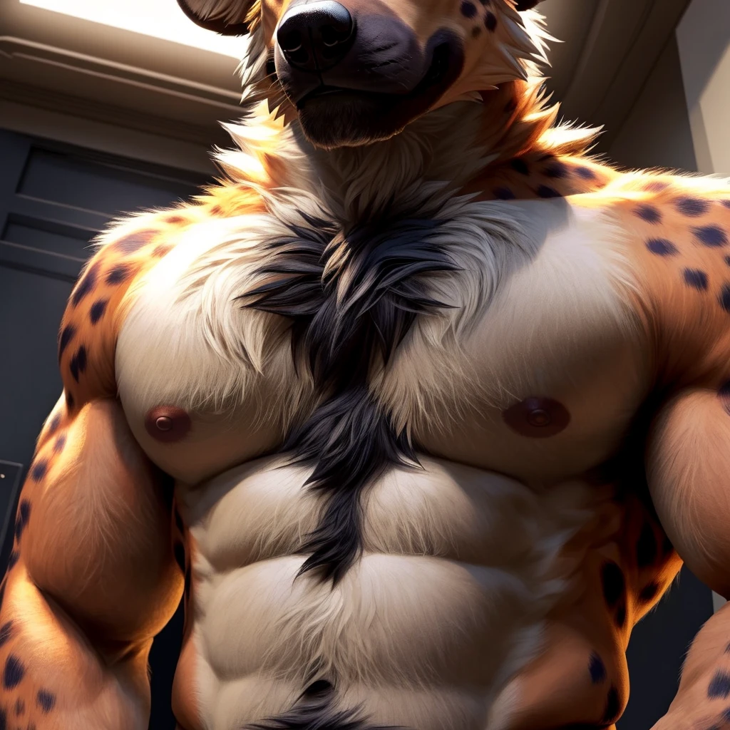 ((Hyena)), anthro, ((furred body)), ((dominant)), ((intimidating)), dilf, Daddy, father figure, mature male, pecs, ((torso focus)), ((very detailed lighting)), ((very detailed fur texture)), ((very detailed)), very high resolution, very high quality, ((close-up ((torso))), ((zoom ((torso))), ((very detailed torso)), ((nipples)), ((very close ((torso))), ((chest tuft))