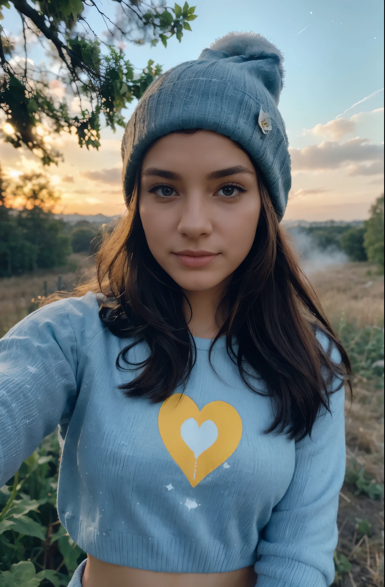 Copy photograph, photo of beautiful woman, selfie, upper body, solo, wearing pullover, outdoors, (night), mountains, real life nature, stars, moon, cheerful, happy, gloves, sweater, beanie, forest, rocks, river, wood, smoke, fog, looking at viewer, skin texture, photo grain, close up, RAW photo, rave woman, love celebration, 8k, raver crowd, 2 besties raving in a corn fields with vlye skyes, almost no clouds, bright sun, dark forest behind... with fog, hope in front, Poppy flowers on the ground. #0057B7 light blue for the sky & #FFDD00 and yellow for canola flower fields, woman doing a heart sign with hands, no blurry face, beautiful eyes, brown eyes, no blurry eyes, realistic eyes, realism